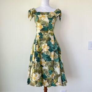 Emily & Fin 100% Cotton Retro Fit & Flare Botanical Floral Green Dress S Small